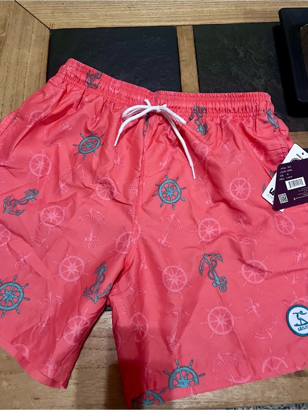 Men's Coral Anchor & Helm Swim Trunks with Drawstring